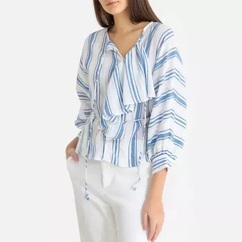 Блузка в полоску с круглым вырезом с разрезом спереди SERIFOS