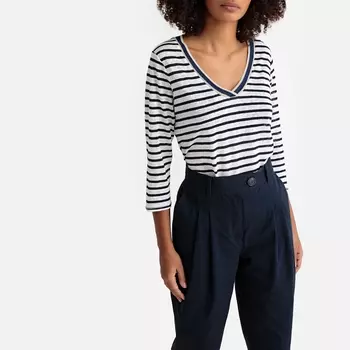 Футболка из льна с рукавами 3/4 и V-образным вырезом, связанным крючком