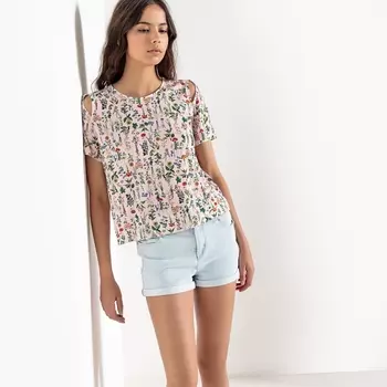 Футболка с круглым вырезом, цветочным рисунком и короткими рукавами