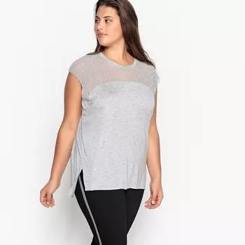 Футболка с круглым вырезом из 2 материалов без рукавов