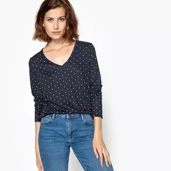 Футболка с v-образным вырезом, длинными рукавами с принтом в горошек