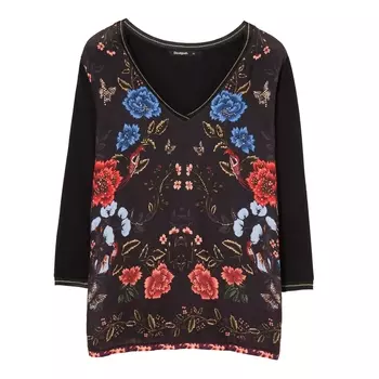 Футболка с V-образным вырезом, рукавами 3/4 и цветочным принтом