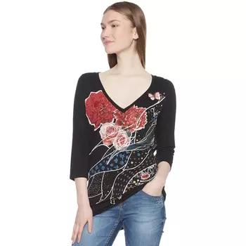 Футболка с V-образным вырезом, рукавами 3/4 и цветочным рисунком
