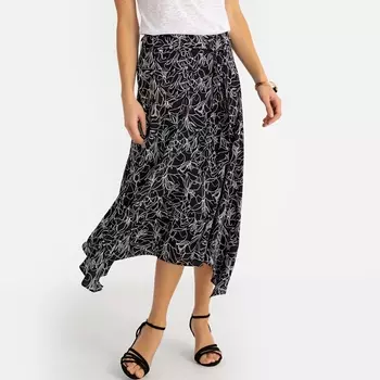 Юбка струящаяся асимметричная с принтом, длина 3/4