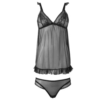 Комплект из комбинации и трусов-стрингов из тюля, расшитого гладью