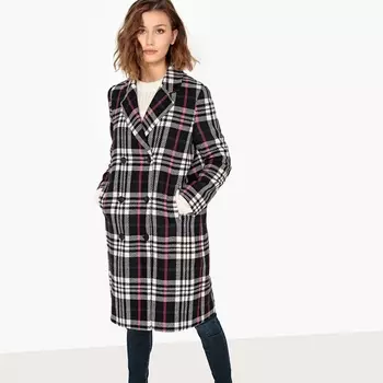 Пальто в клетку с запахом из полушерстяной ткани