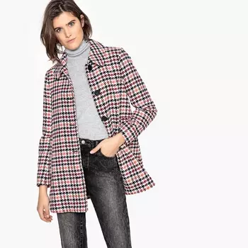 Пальто в клетку средней длины из полушерстяной ткани