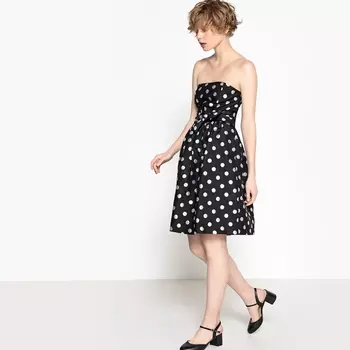 Платье-бюстье из жаккарда в горошек, пояс спереди