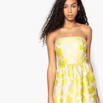 Платье-бюстье с цветочным жаккардовым рисунком и завязками на поясе