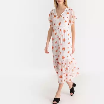 Платье длинное с цветочным рисунком и V-образным вырезом