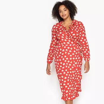 Платье длинное с запахом, цветочным рисунком и воланами