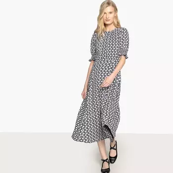 Платье-миди с рукавами ¾, рисунком птицы и отрезными деталями на талии