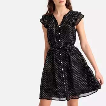 Платье-миди с застежкой на пуговицы и рисунком в горошек