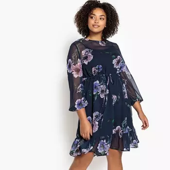 Платье прямое с цветочным рисунком и воланами по низу