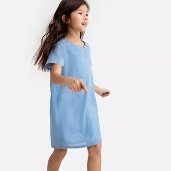 Платье прямое с короткими рукавами из ткани шамбре 3-12 лет