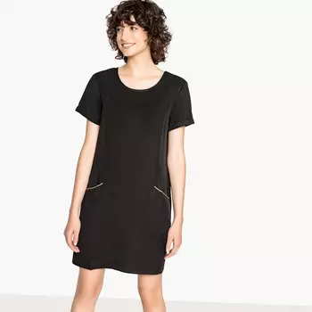 Платье прямое с круглым вырезом спереди, V-образным вырезом сзади и короткими рукавами