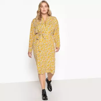 Платье прямое с поясом и цветочным рисунком, длина. миди