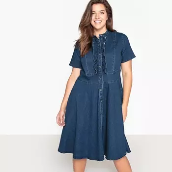 Платье расклешенное из денима с воланами спереди