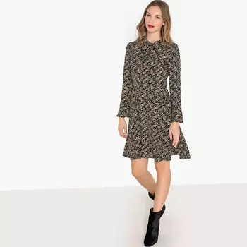 Платье расклешенное с цветочным рисунком и длинными рукавами