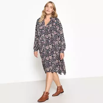 Платье расклешенное с цветочным рисунком и длинными рукавами