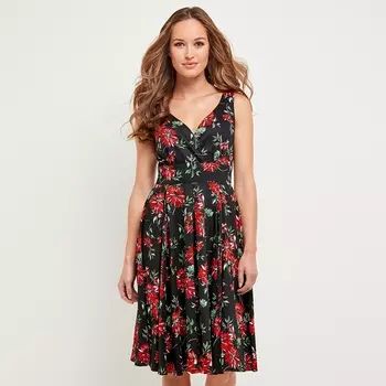 Платье расклешенное с цветочным рисунком, средней длины