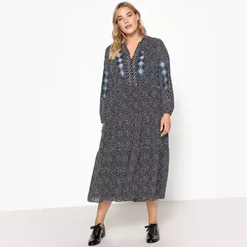 Платье расклешенное с рисунком и вышивкой