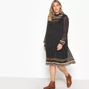 Платье расклешенное средней длины, с рисунком и длинными рукавами