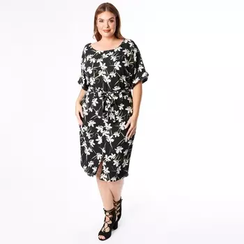 Платье с круглым вырезом, цветочным рисунком и короткими рукавами