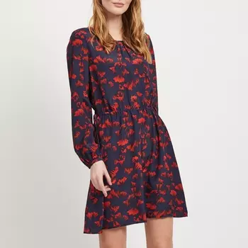 Платье с круглым вырезом, с принтом, присборенное на талии