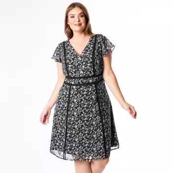 Платье с V-образным вырезом, цветочным рисунком и короткими рукавами