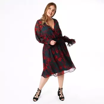 Платье с V-образным вырезом, воланами и длинными рукавами