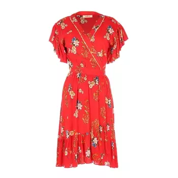 Платье с запахом с цветочным рисунком короткими рукавами и воланами по низу