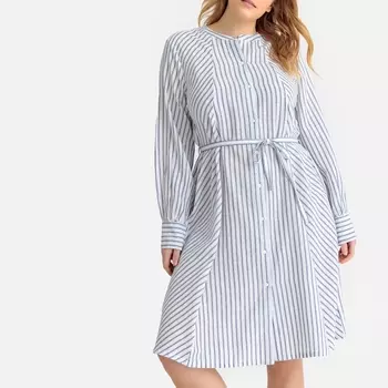 Платье в полоску средней длины с круглым вырезом и длинными рукавами