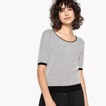 Пуловер двухцветный с глубоким круглым вырезом из вафельного трикотажа