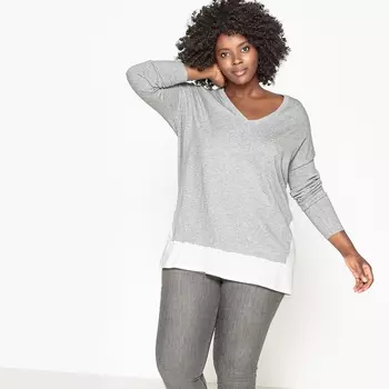 Пуловер из 2 материалов с V-образным вырезом