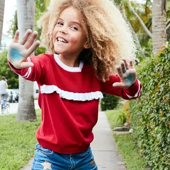 Пуловер из тонкого трикотажа с контрастным воланом, 3-12 лет