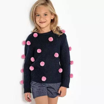 Пуловер из тонкого трикотажа с помпонами 3-12 лет