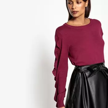 Пуловер с круглым вырезом и воланами