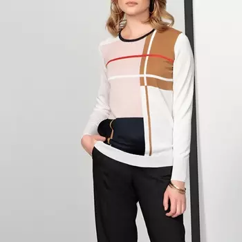 Пуловер с принтом интарсия, круглым вырезом, трикотаж 50% меринос