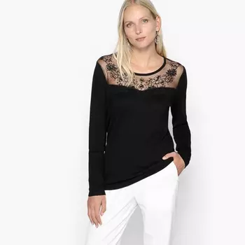 Пуловер с украшением и вставкой из сетчатого материала с вышивкой