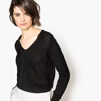 Пуловер с V-образным вырезом и длинными рукавами из тонкого ажурного трикотажа