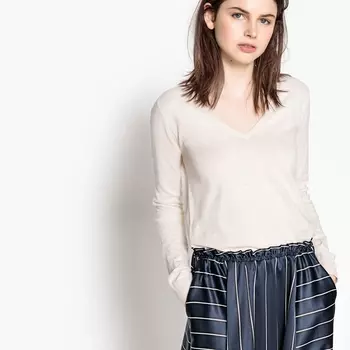 Пуловер с V-образным вырезом и длинными рукавами из тонкого трикотажа, 100% хлопок