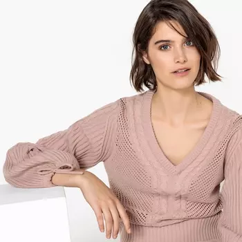 Пуловер с V-образным вырезом и напускными рукавами из шерсти