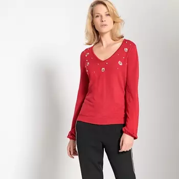 Пуловер с V-образным вырезом и отделкой бисером спереди