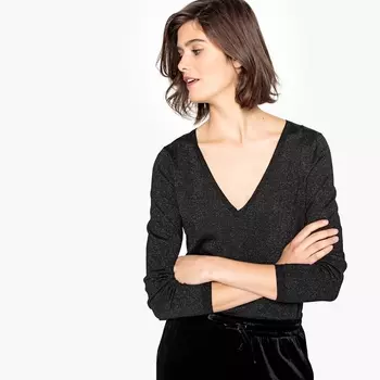 Пуловер с V-образным вырезом из блестящего трикотажа