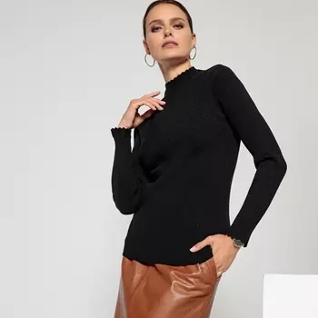 Пуловер с воротником-стойкой и длинными рукавами из трикотажа в рубчик