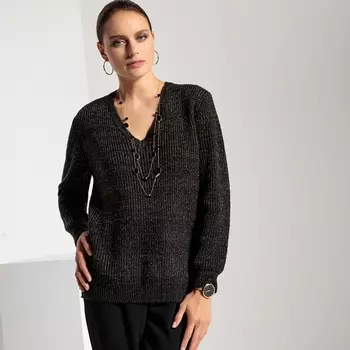 Пуловер свободного покроя с V-образным вырезом с волокнами с металлическим блеском