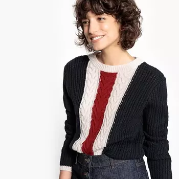 Пуловер трехцветный с круглым вырезом из шерсти