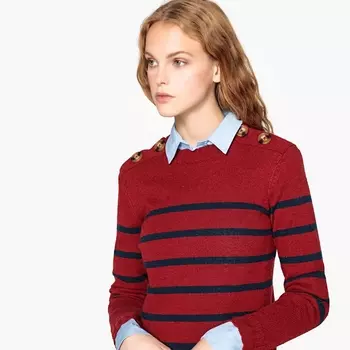 Пуловер в полоску из шерсти ягненка с круглым вырезом и застежкой на пуговицы