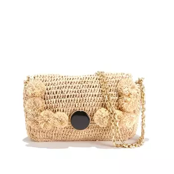 Сумка из ткани рафия с цепочкой и помпонами